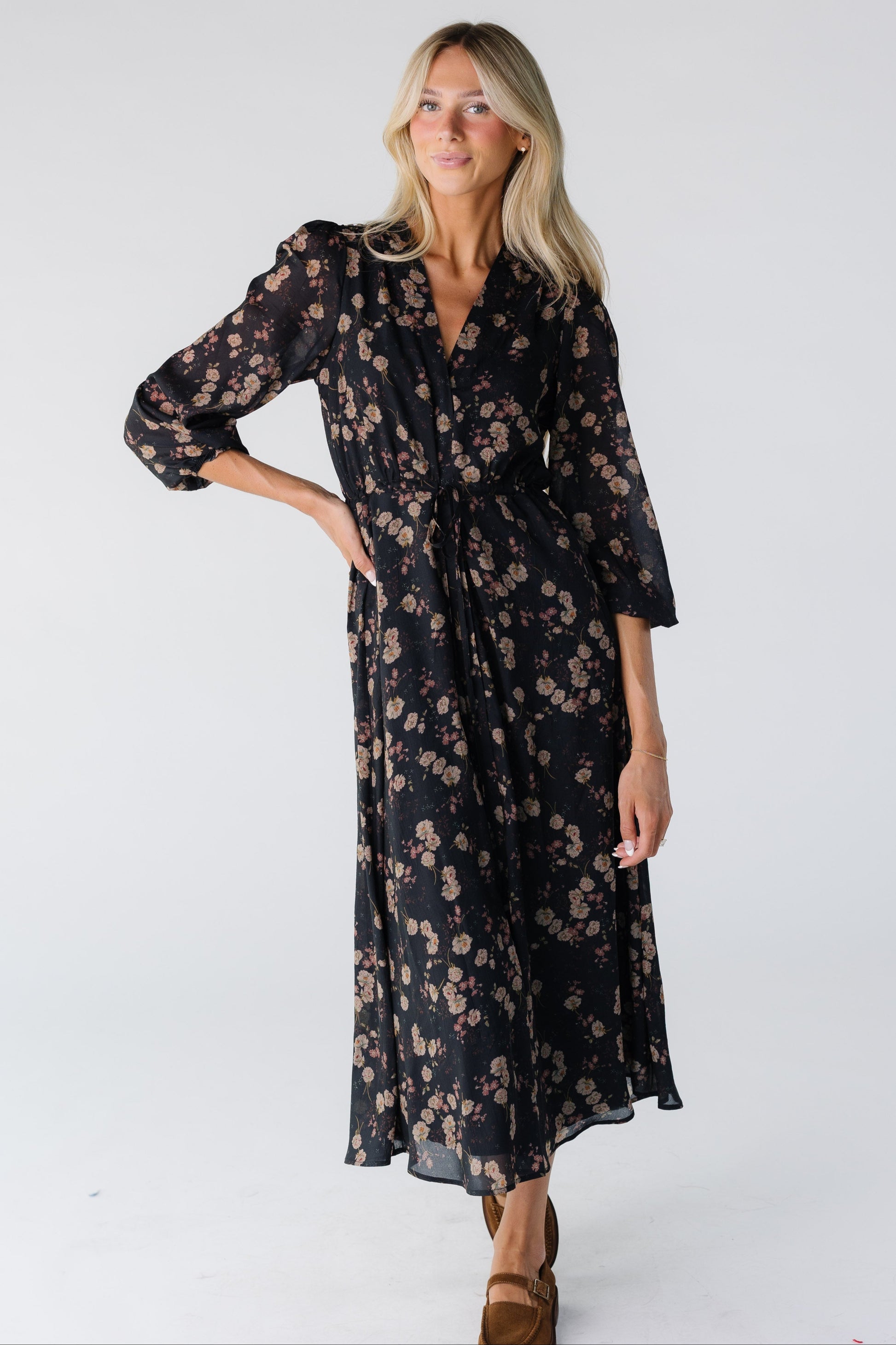 Brass & Roe Demi Print Dress  for women in a black floral dress