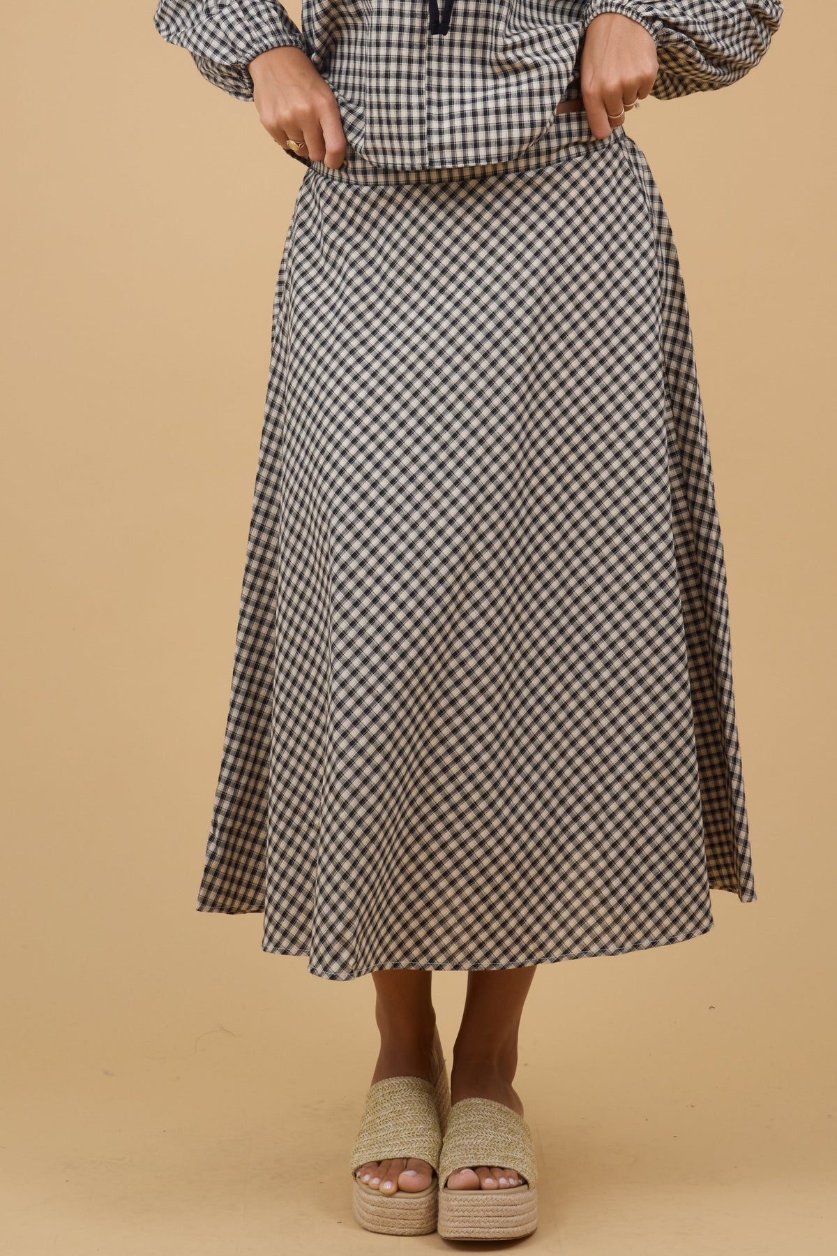 Tami Gingham Woven Skirt in tan & black plaid for women and teen girls.