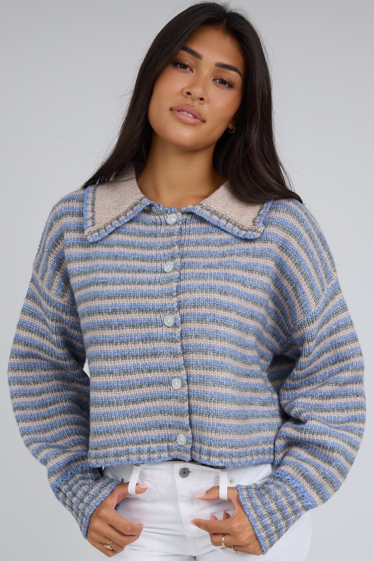 The Subject Striped Cardigan in taupe & blue multi stripe for women and teenage girls.