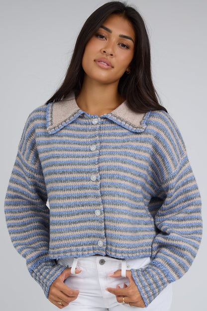 The Subject Striped Cardigan in taupe & blue multi stripe for women and teenage girls.