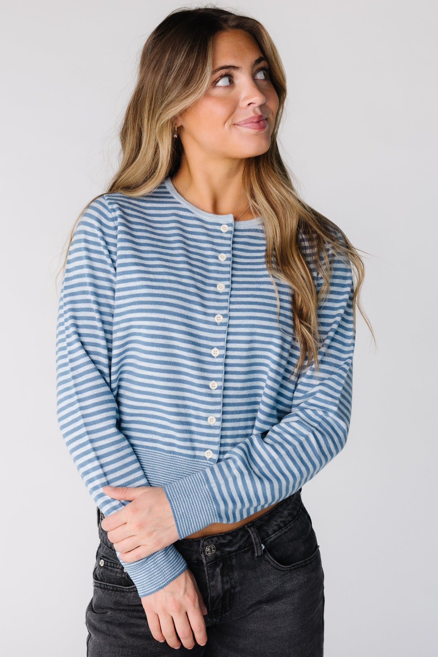 The Bella Striped Cardigan for women and teen in blue stripe