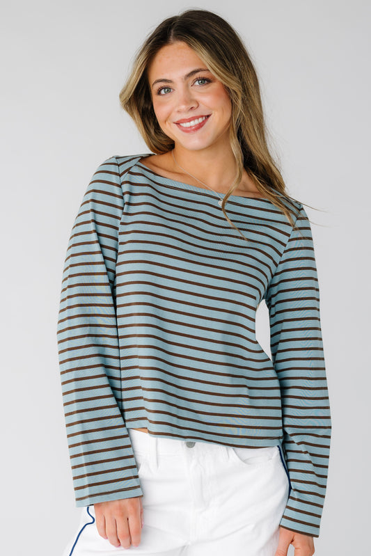 The Jude Top in light blue and brown stripe for women and teens.