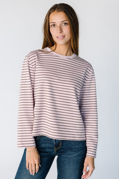 Brass & Roe Tali Stripe Tee in a pink and brown stripe for women and teens