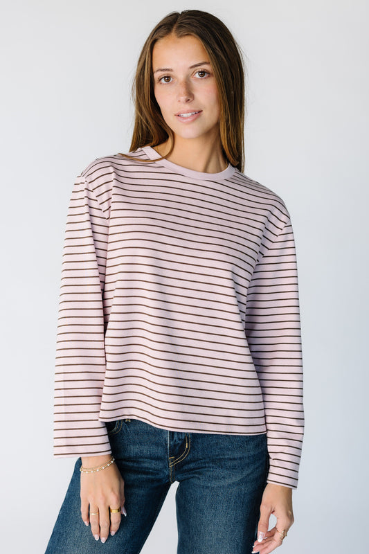 Brass & Roe Tali Stripe Tee in a pink and brown stripe for women and teens