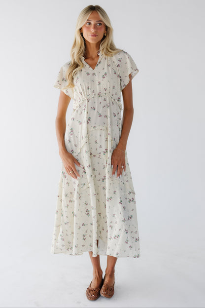Brass & Roe Kesley Tiered Maxi Dress in cream floral print for women & teenage girls.