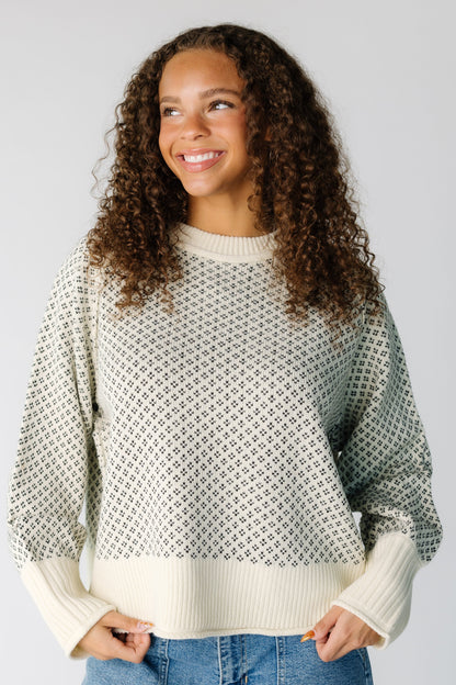 Teen girl wearing a modest cream & black pullover with long sleeves and a crew neckline