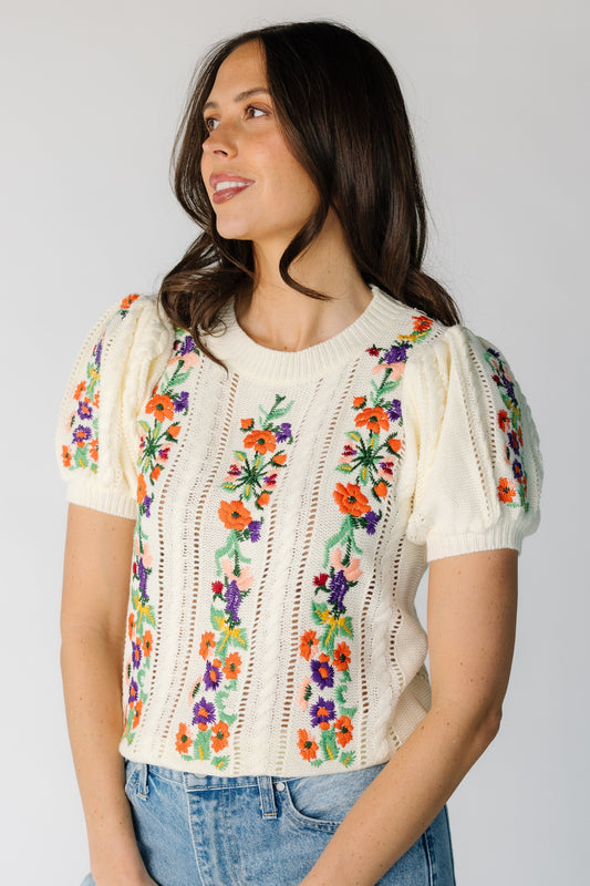 Spring Knit Top in cream and floral embroidery for women and teens.