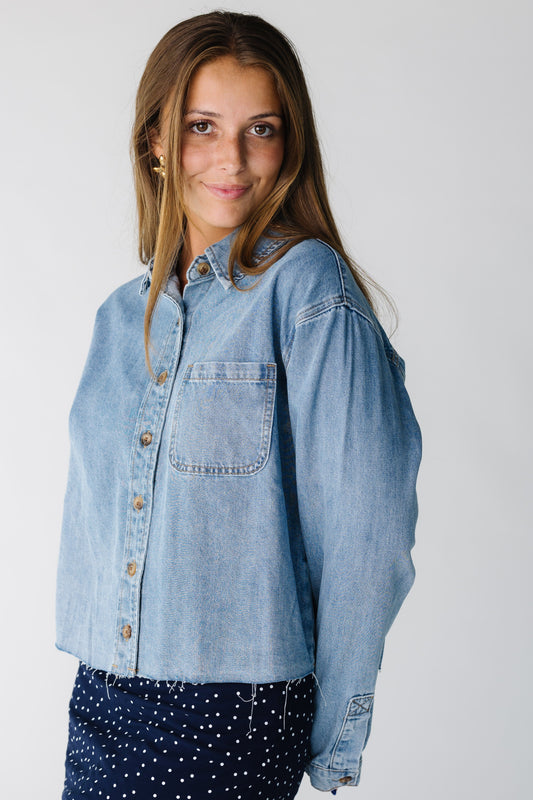 Willa Button Up Denim Shirt for women and teens in medium denim