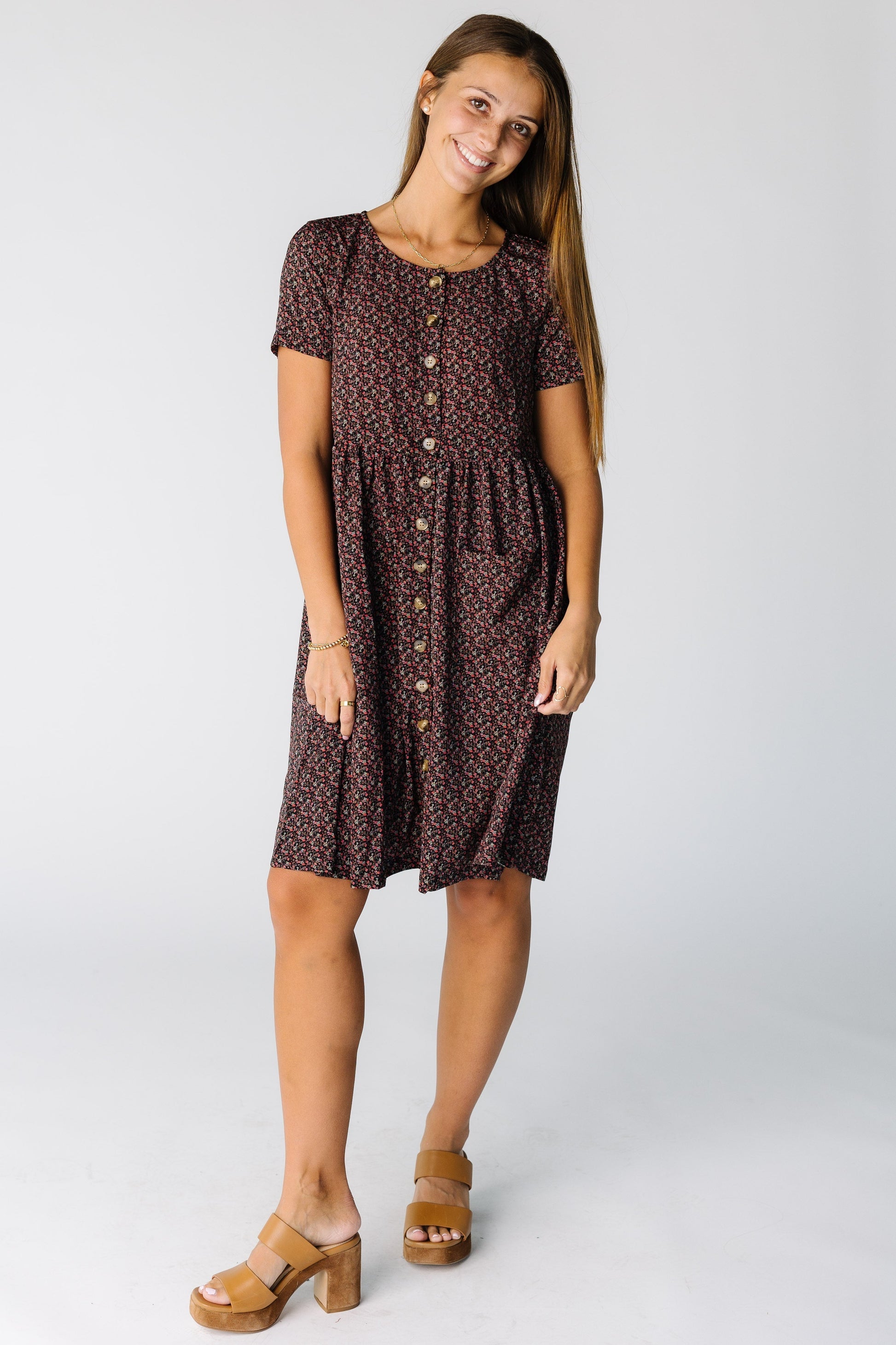 Brass & Roe The London Button Down Dress in black floral print for women and teens