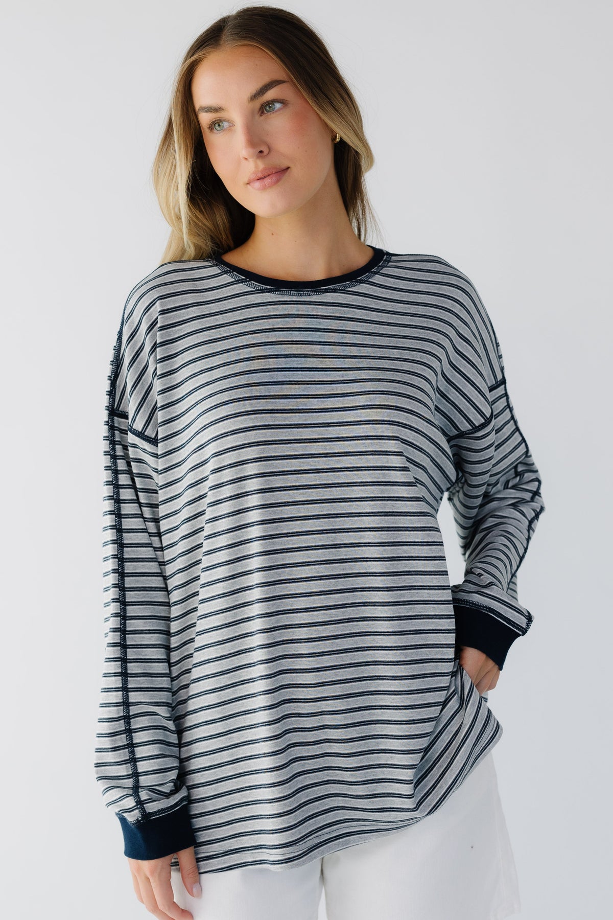 The Evelyn Long Sleeve Tee in grey & navy stripe for women and teen girls.