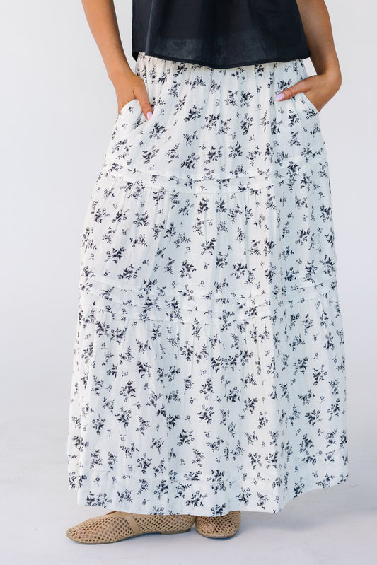 Citrus Shae Floral Print Skirt in white with black floral print for women and teens.