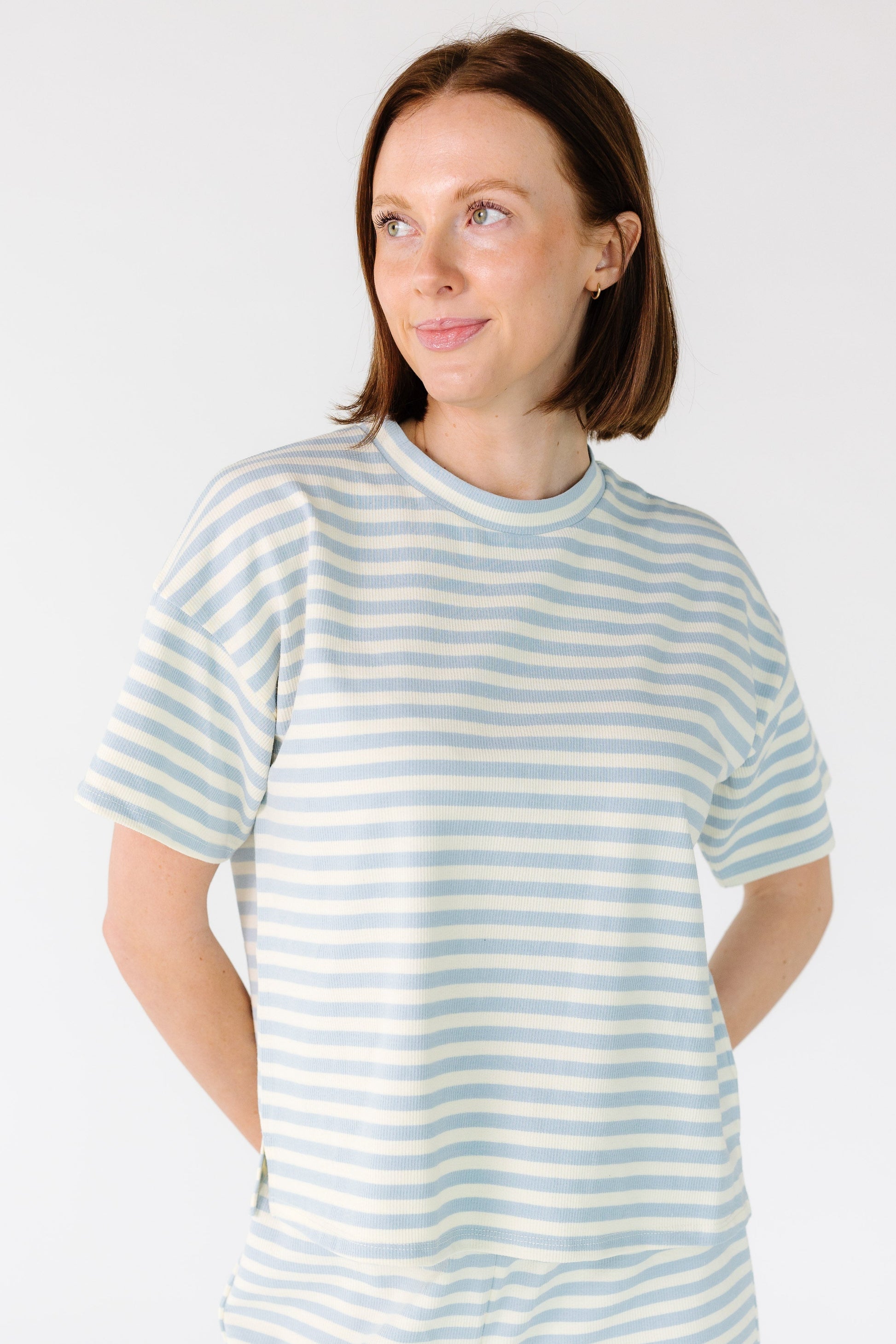 Striped Short Sleeve Tee Shirt in light blue and white stripe for women and teens.