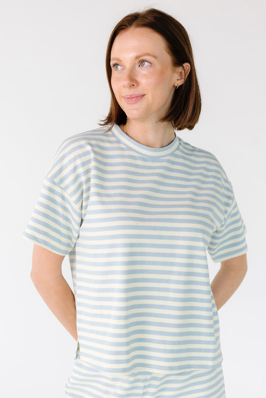 Striped Short Sleeve Tee Shirt in light blue and white stripe for women and teens.