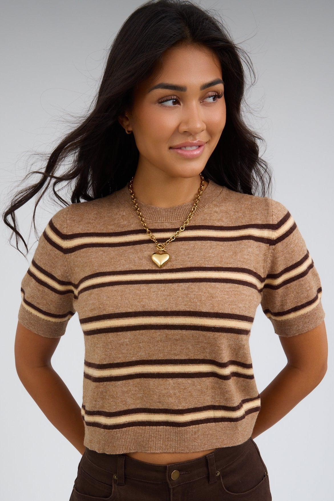 Molly Stripe Knit in latte light brown for women and teenage girls.