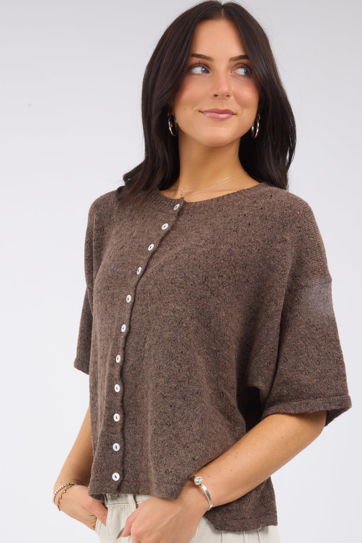 The Fran Pointelle Piper Cardigan in brown for women and teen girls.
