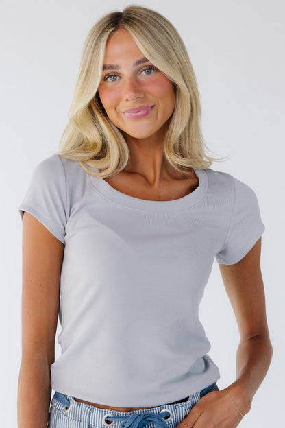Brass & Roe Ribbed Scoop Tee in grey for women and teen girls.