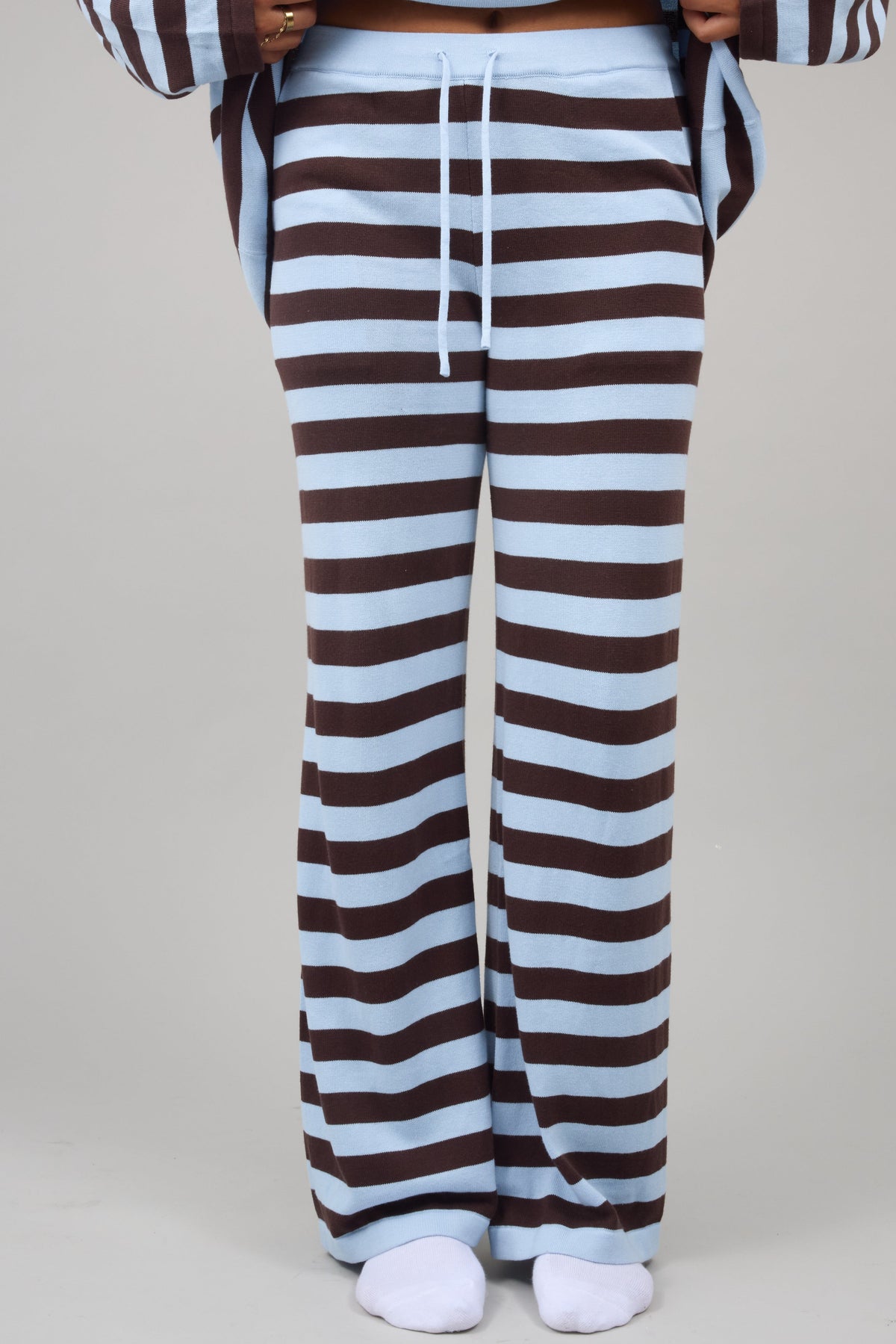 Wide leg lounge pant in baby blue & brown stripe for women and teen girls.