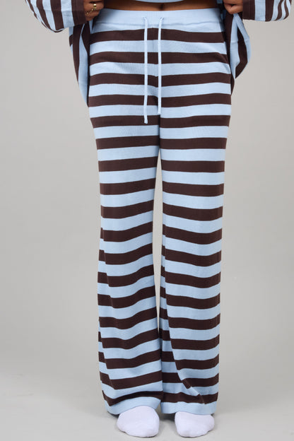 Wide leg lounge pant in baby blue & brown stripe for women and teen girls.