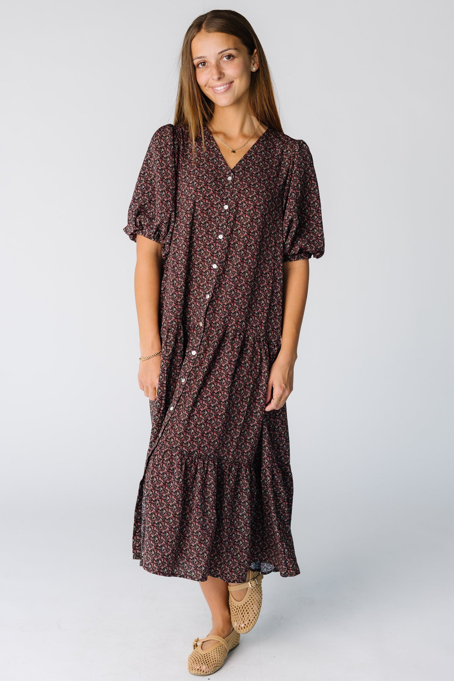 Brass & Roe Willow Button Down Dress in a black floral print for women and teens