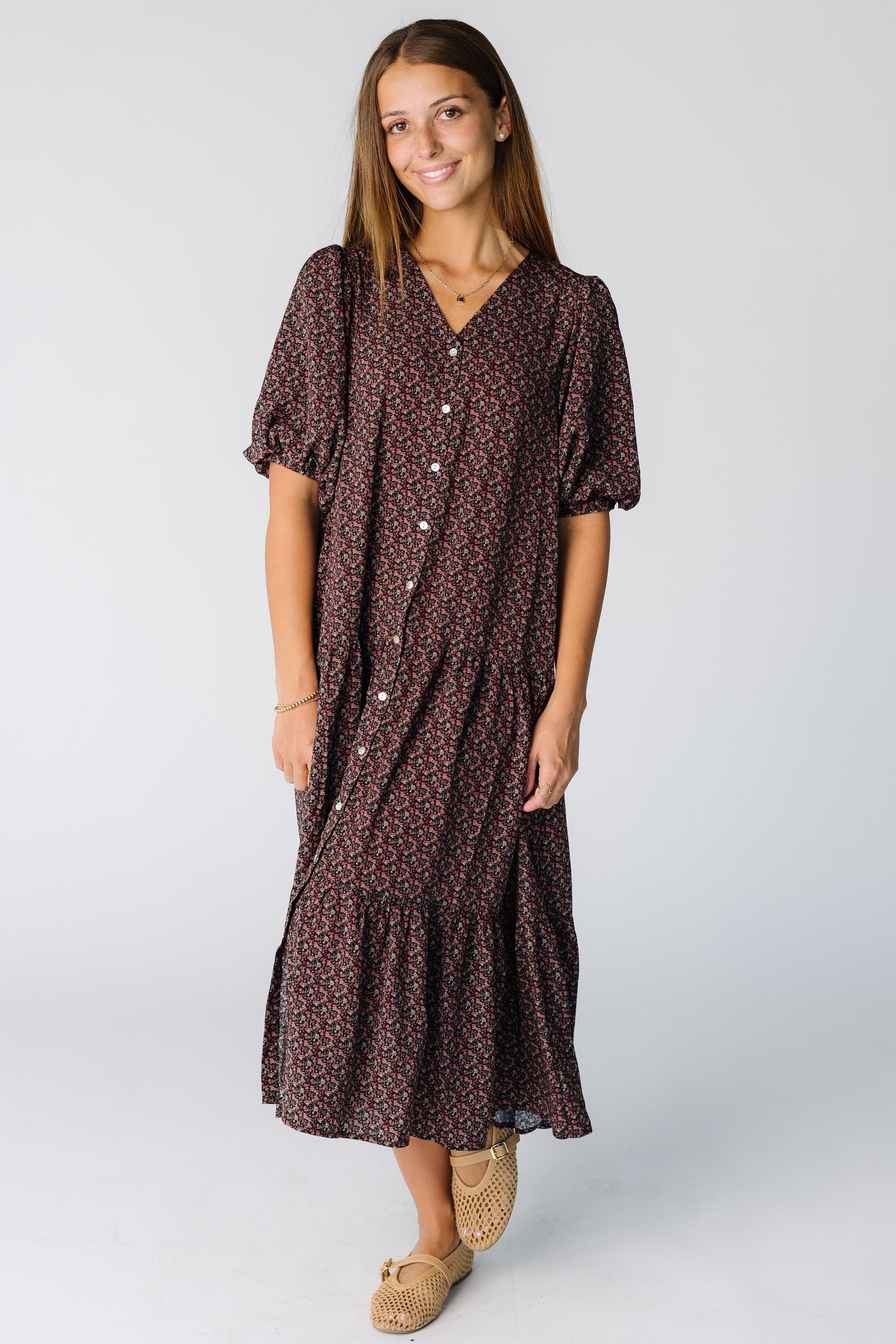 Brass & Roe Willow Button Down Dress in a black floral print for women and teens