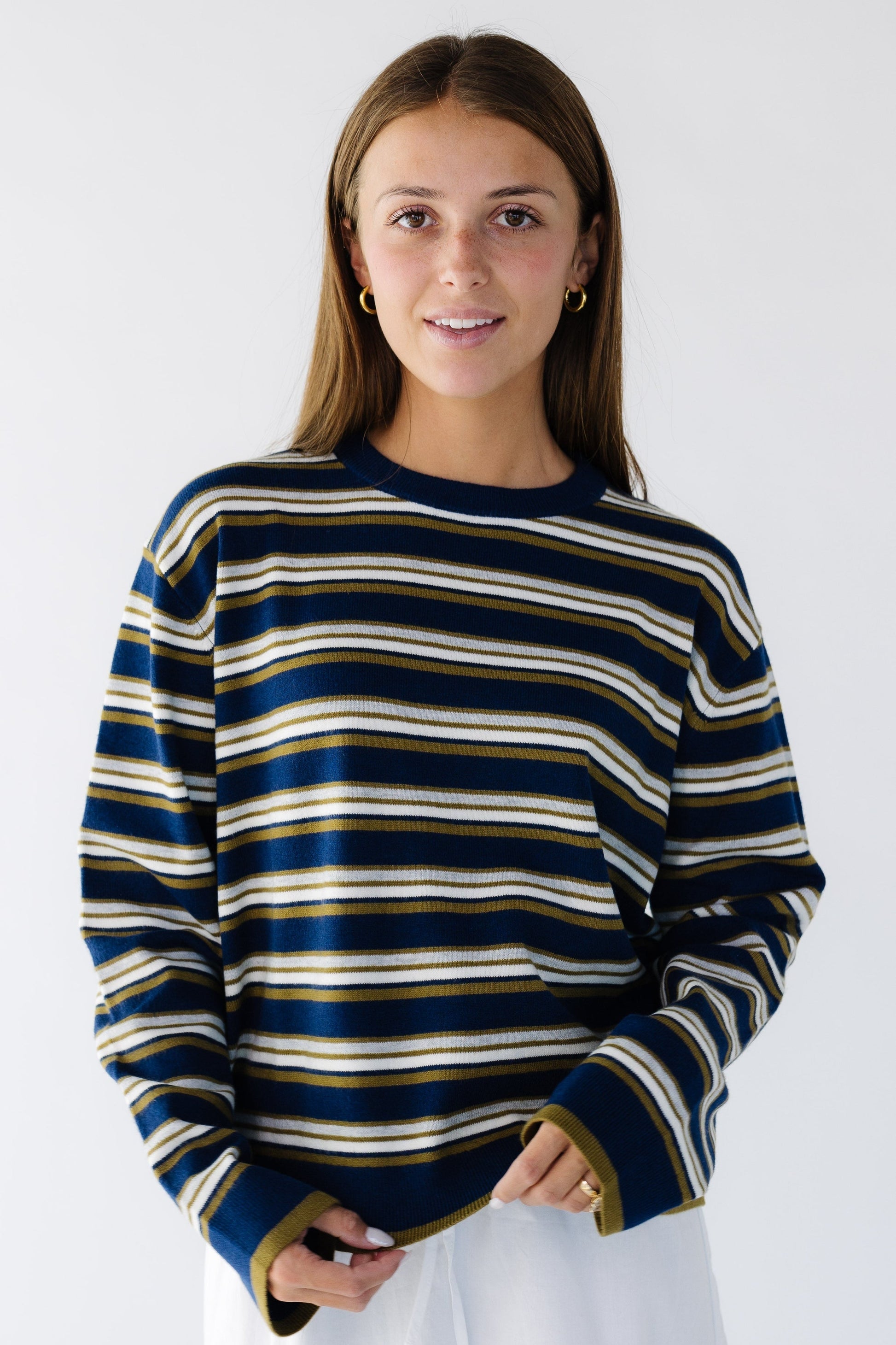 The Boardwalk Sweater in navy & multi-color stripe for women and teenage girls.