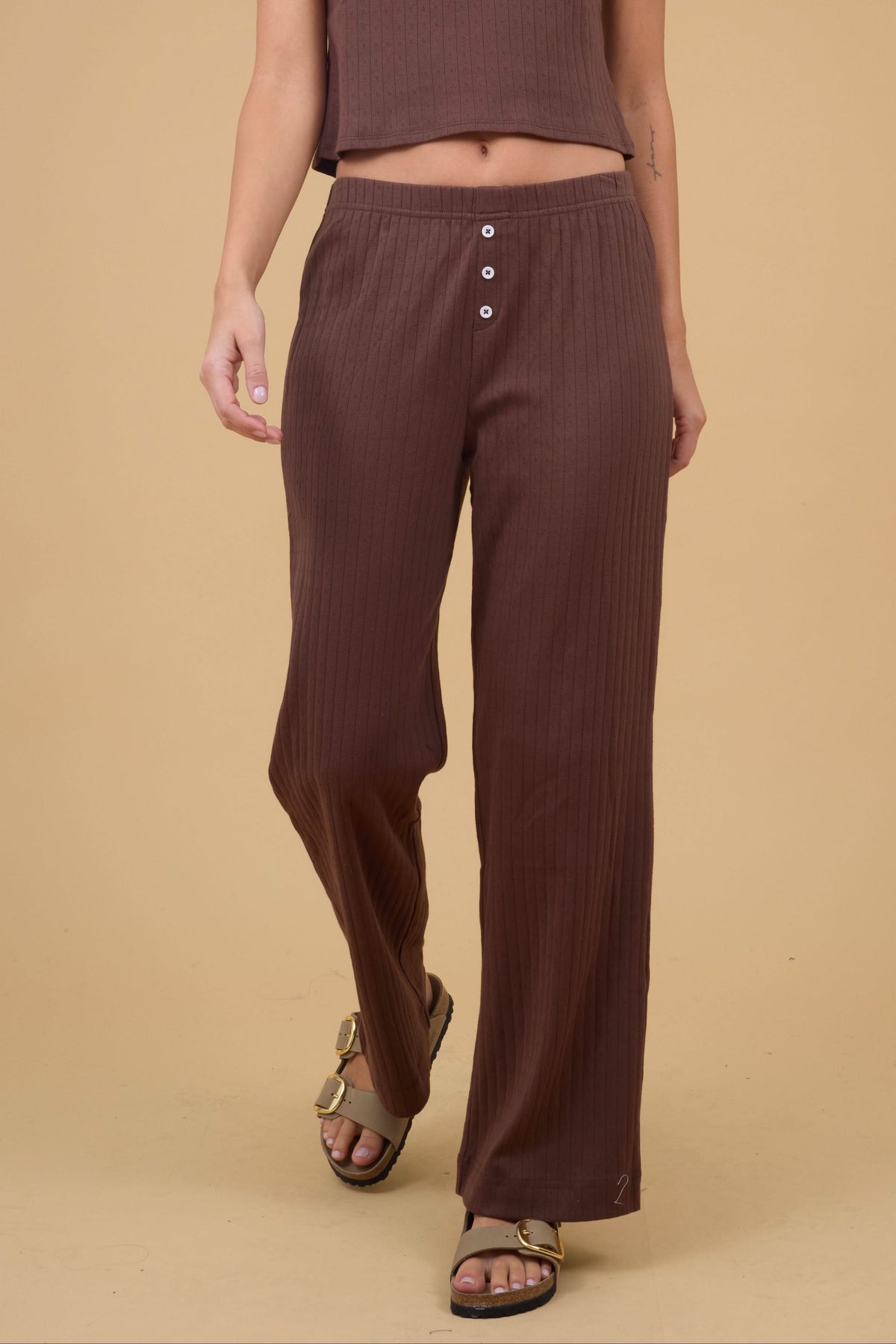 Soft Touch Pointelle Knit Wide Leg Pants in brown for women and teen girls.