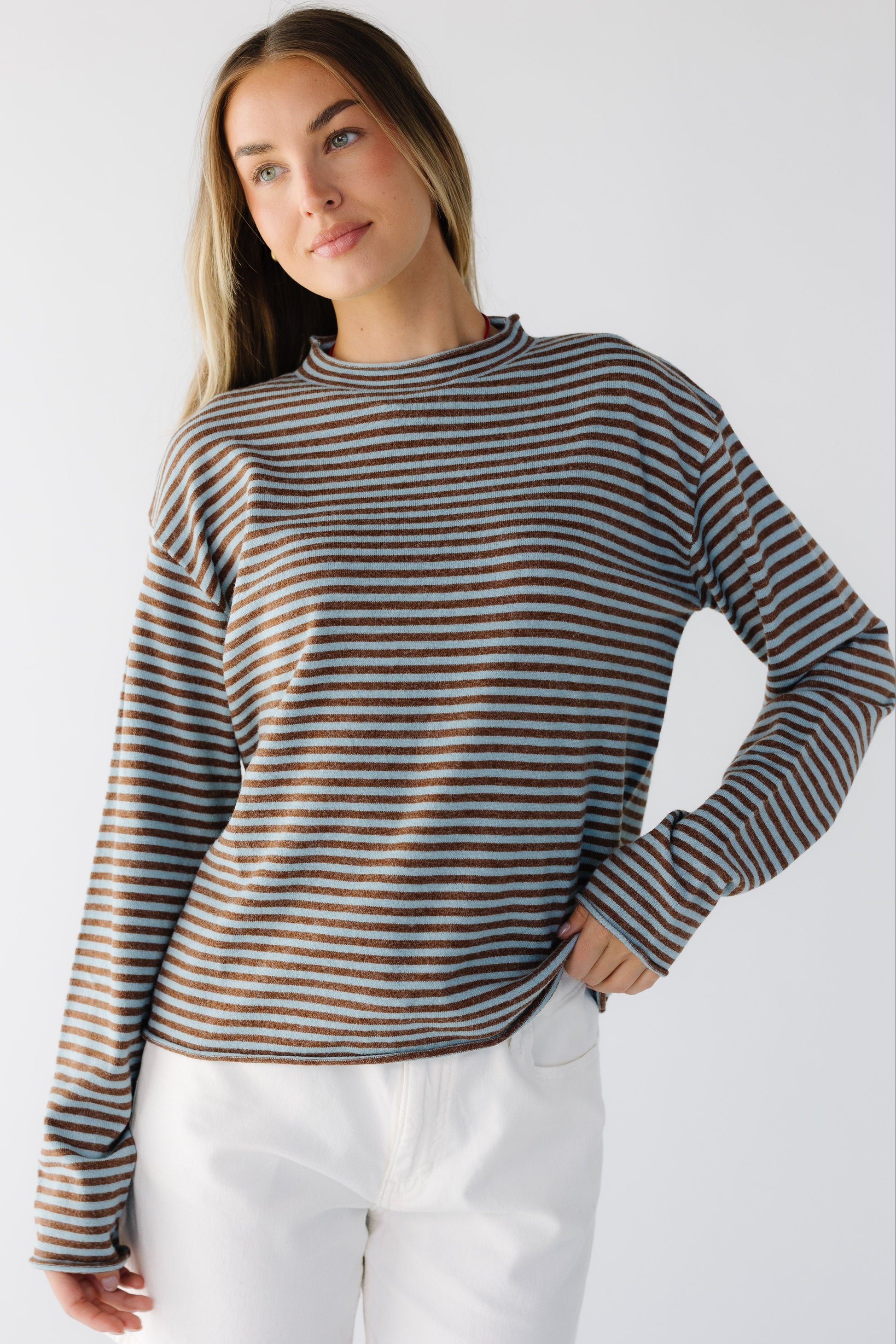 The Harbor Striped Sweater in teal & brown stripe for women & teen girls.