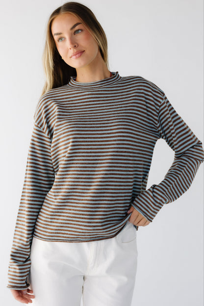 The Harbor Striped Sweater in teal & brown stripe for women & teen girls.