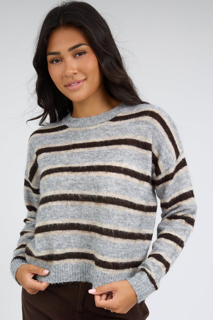The Sutton Striped Sweater in grey multi stripe for women and teenage girls.