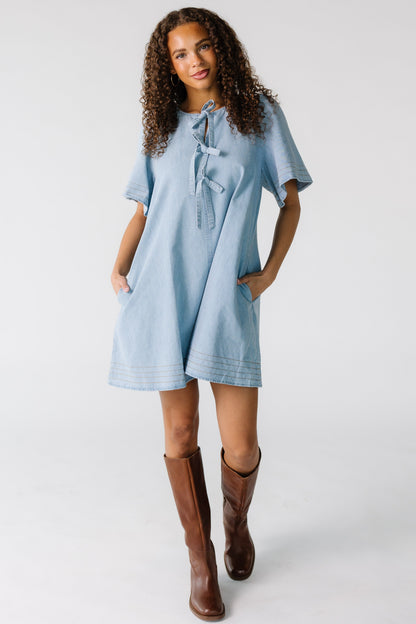 Triple Tie Dress in light denim for women and teens.