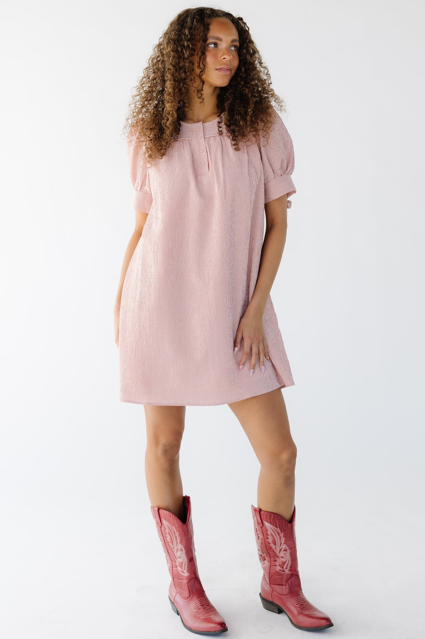 The Malorie Dress in tiny pink gingham for women and teen girls.