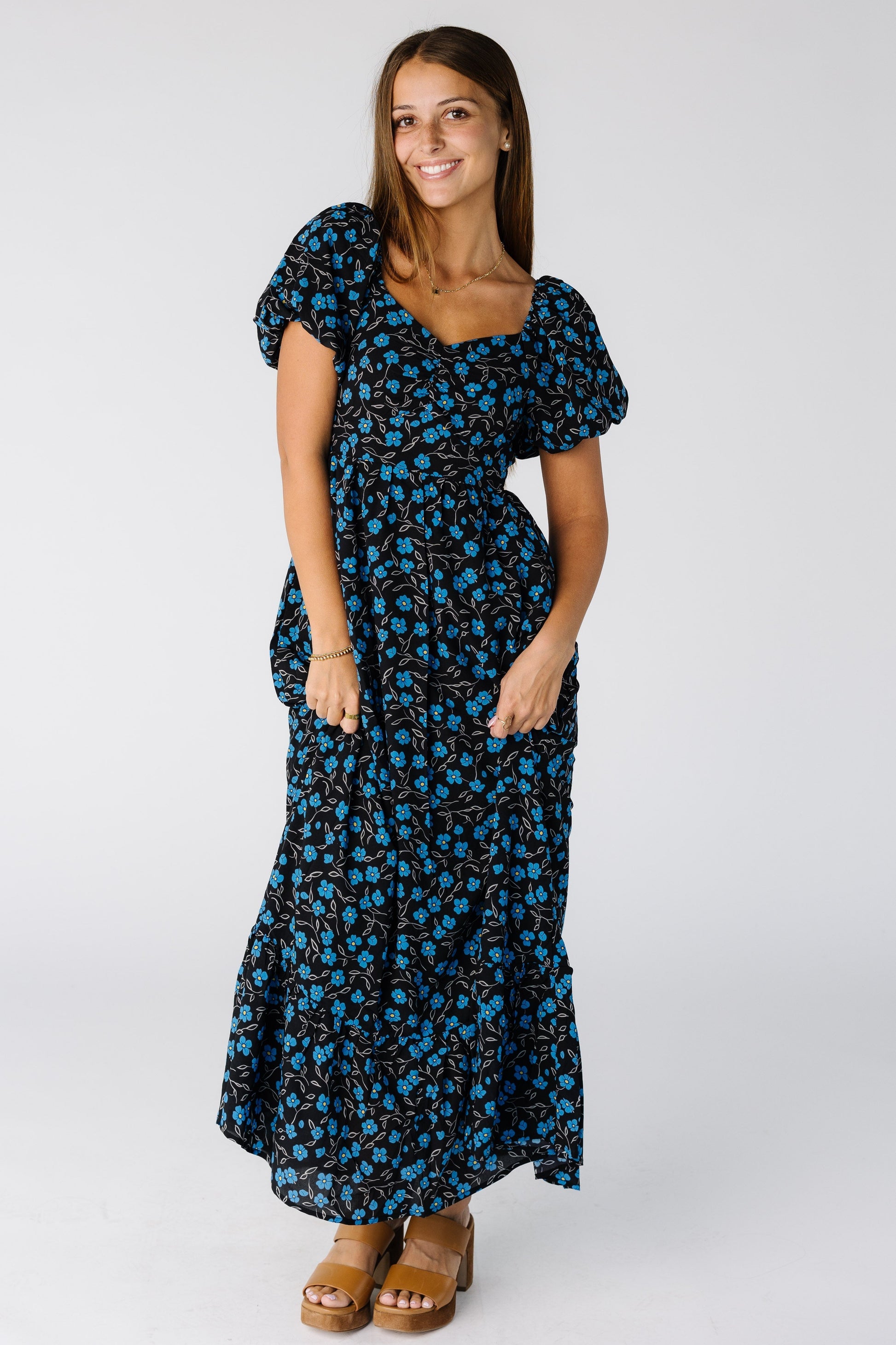 Brass & Roe Sweetheart Print Dress  in black with blue floral print for women and teens