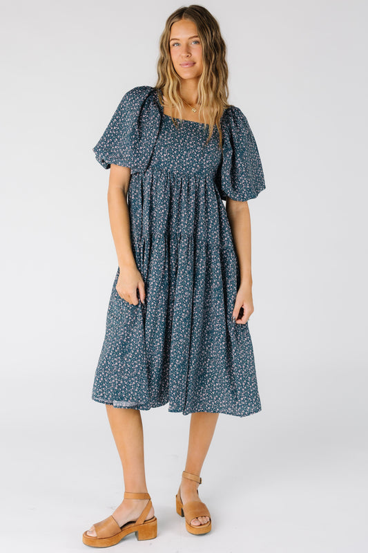 Brass & Roe Maisy Square Neck Dress in sea green and blue for women and teens