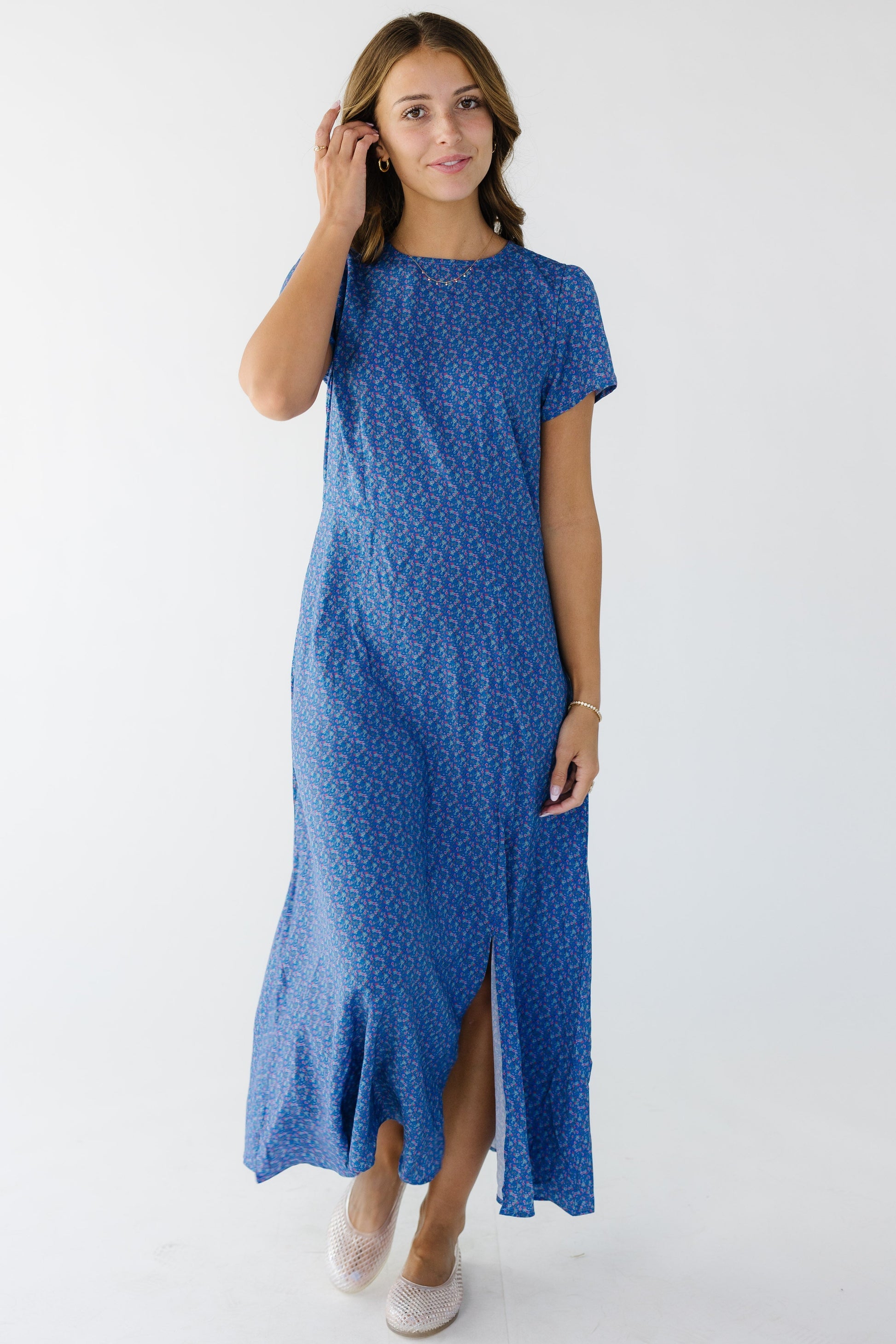 Brass & Roe Belle Elegant Dress in blue floral print for women and teens.