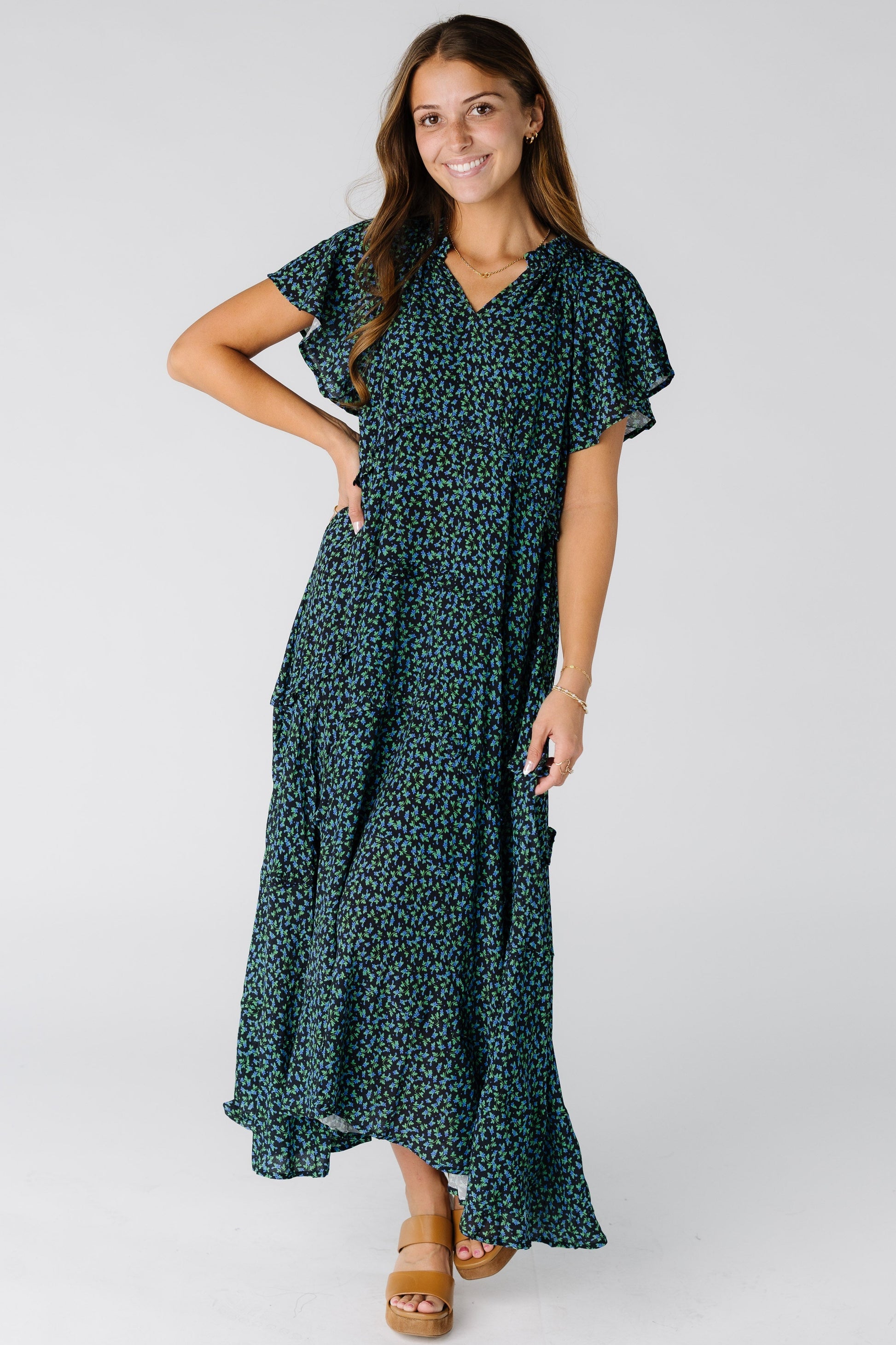 Brass & Roe Kelsey Tiered Maxi in a mixed print for women and teens