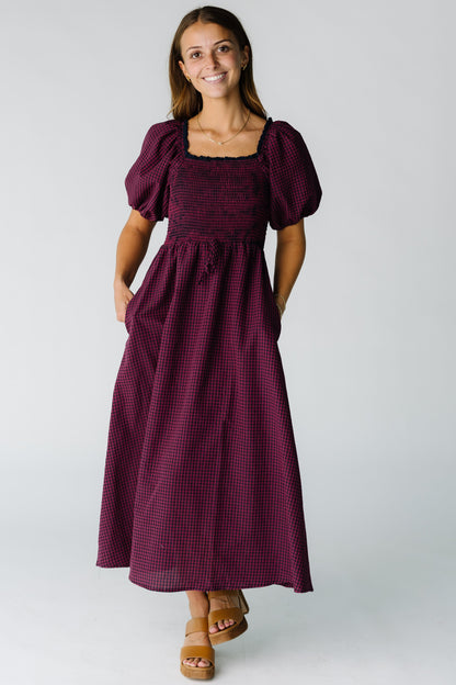 Brass & Roe Margot Square Neck Dress in burgundy and navy for women and teens