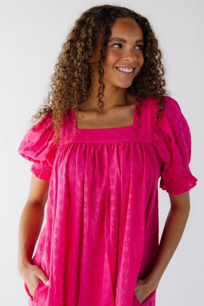 Brass & Roe Forever Eyelet Midi Dress in deep pink for women and teen girls.