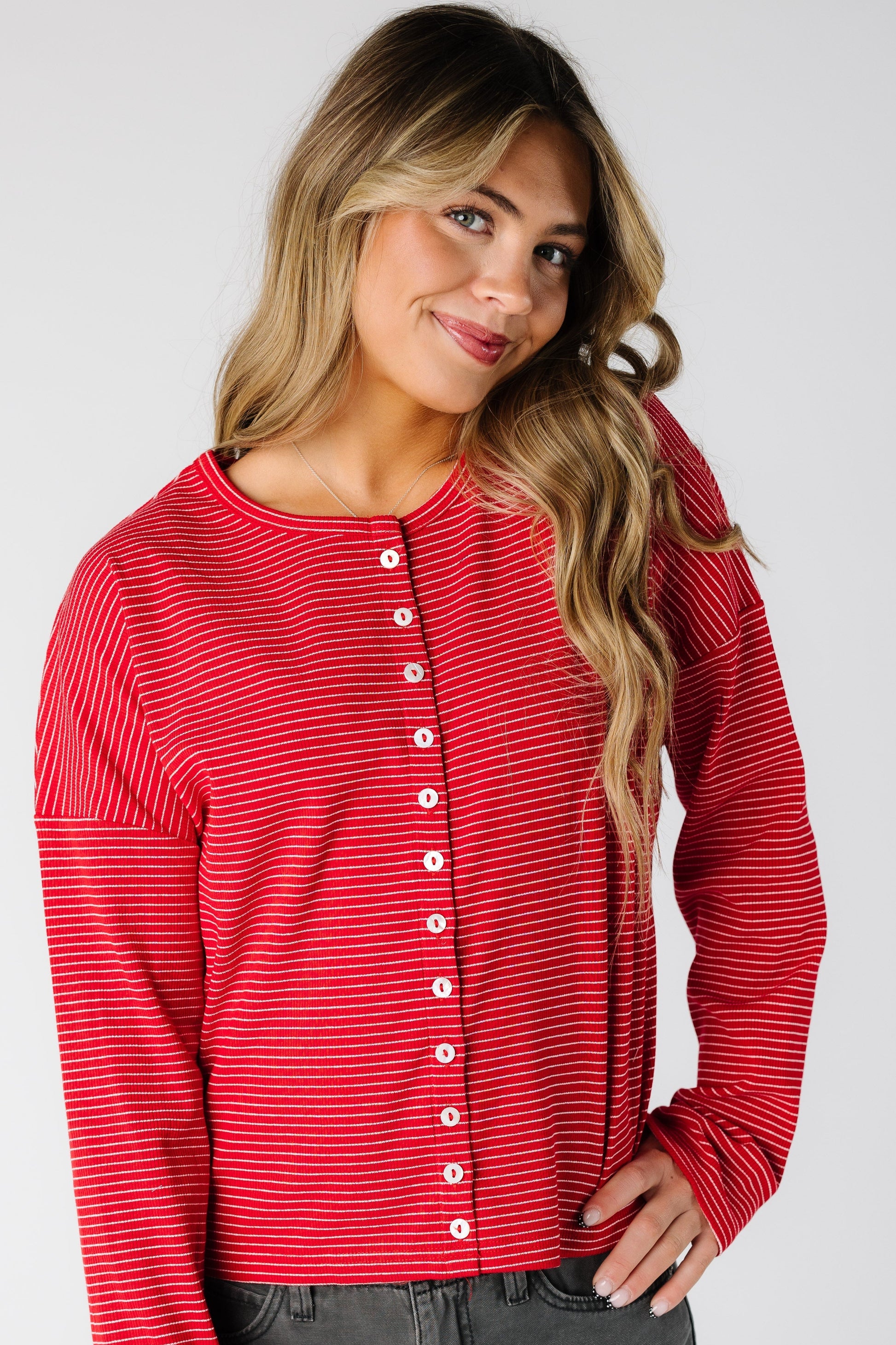 Red pinstripe cardigan with long sleeves