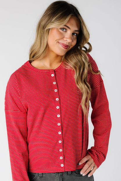 Red pinstripe cardigan with long sleeves