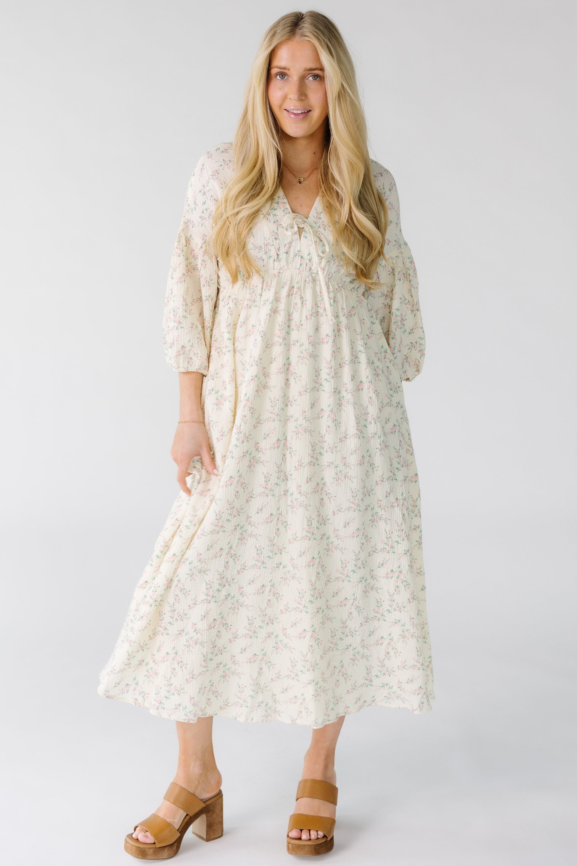 Brass & Roe A Gauze Tie Front Dress in ivory with pink floral print for women and teens.