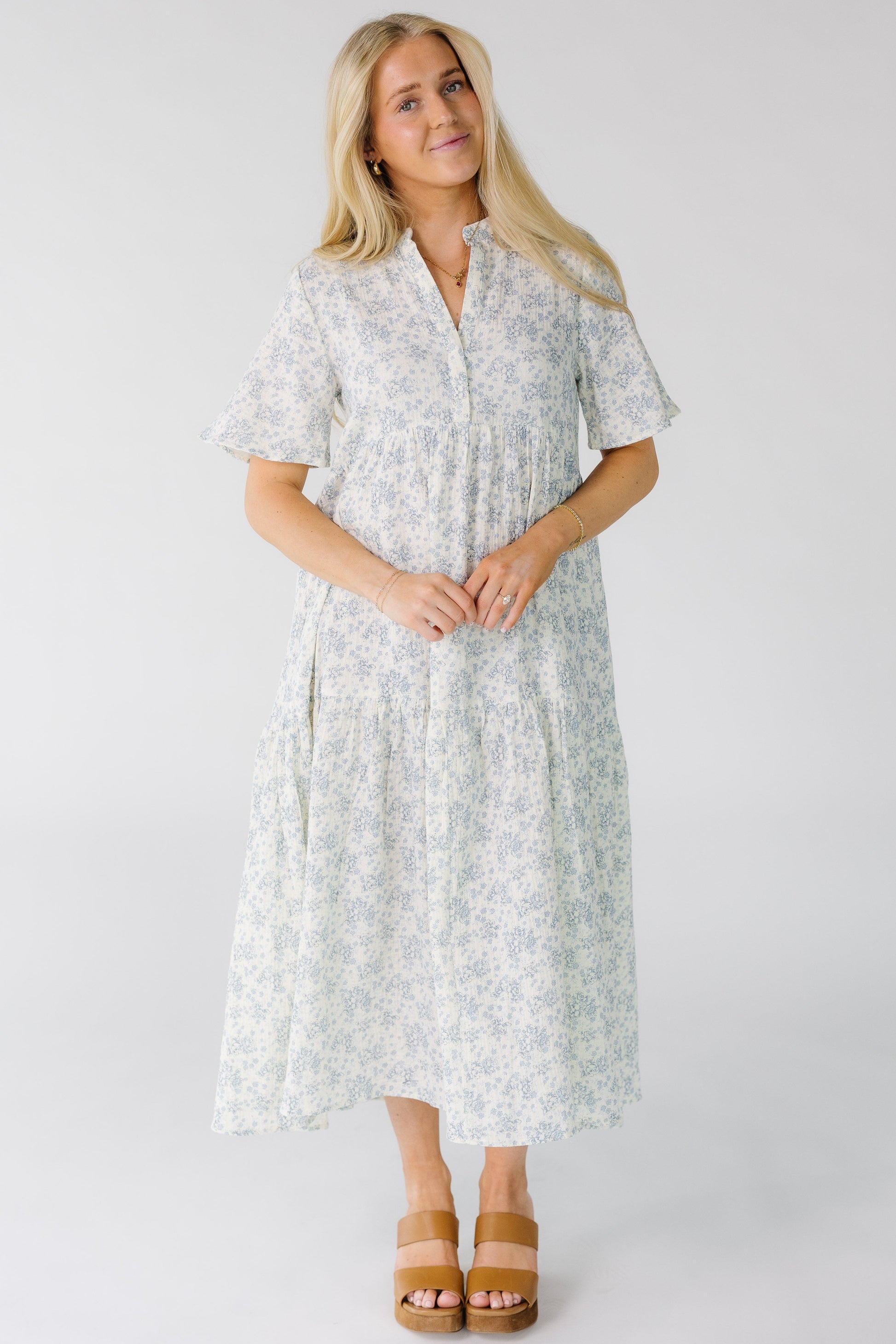 Brass & Roe Pondering Gauze Dress-Spring in white with blue floral print for women and teens.