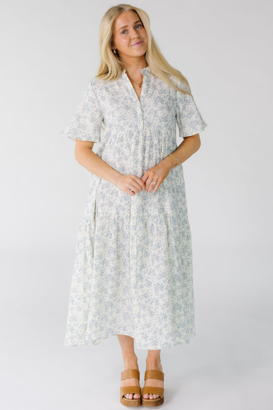 Brass & Roe Pondering Gauze Dress-Spring in white with blue floral print for women and teens.