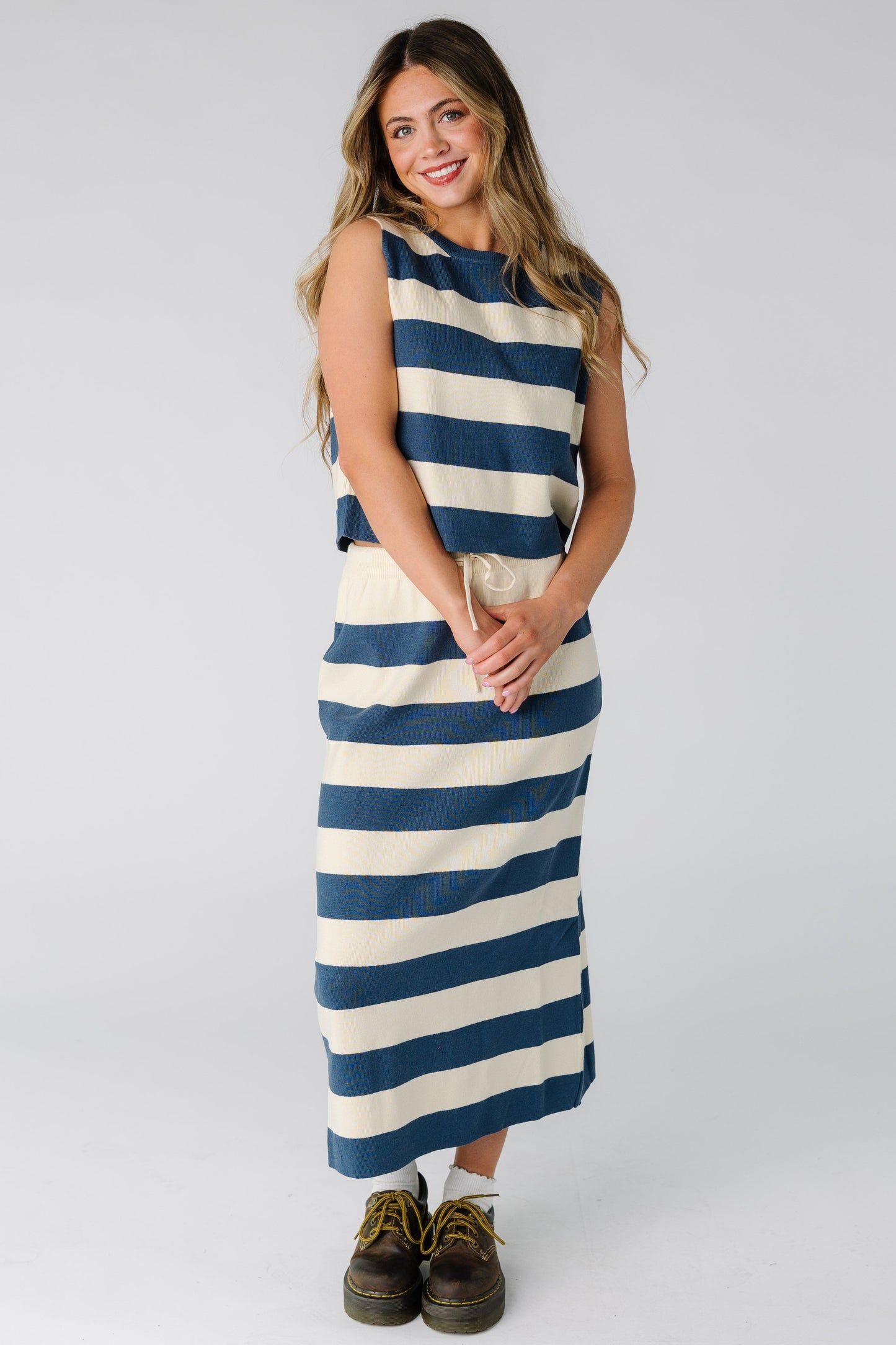 San Clemente Sweater Skirt Set in blue and cream for women and teens.
