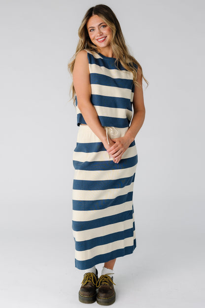 San Clemente Sweater Skirt Set in blue and cream for women and teens.
