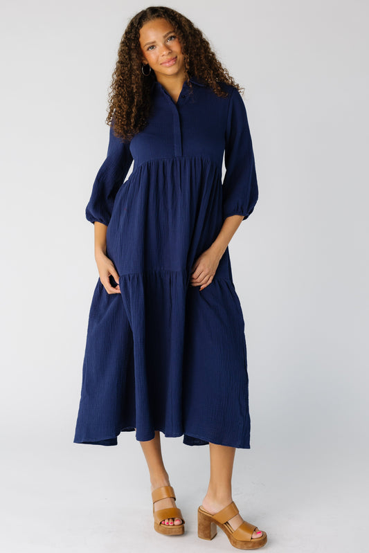 Brass & Roe Kyla Collared Gauze Dress in navy for women and teens