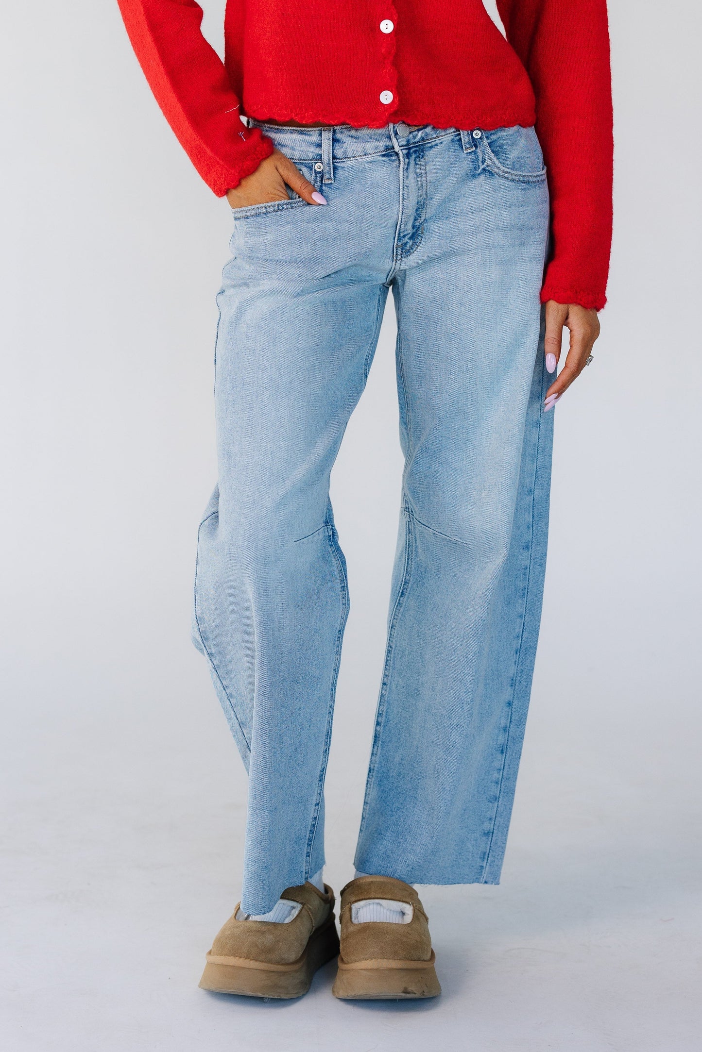 Mid Rise Barrel Jean in Light Denim for women and teens.