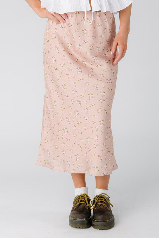 Brass & Roe Ellie Midi Skirt in a pink floral print for women and teens.