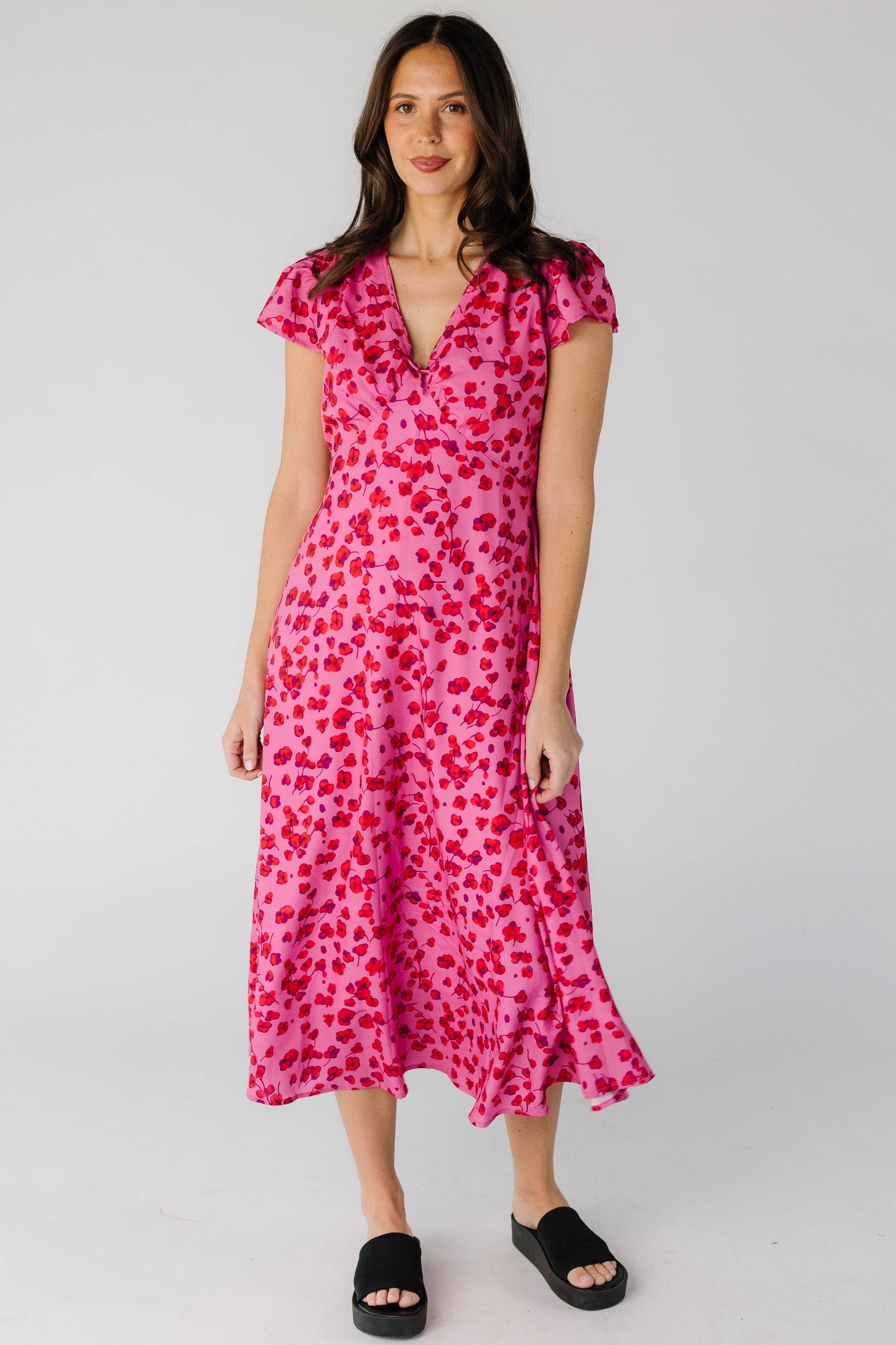 Brass & Roe Lauren Midi Dress in bright pink for women and teens.