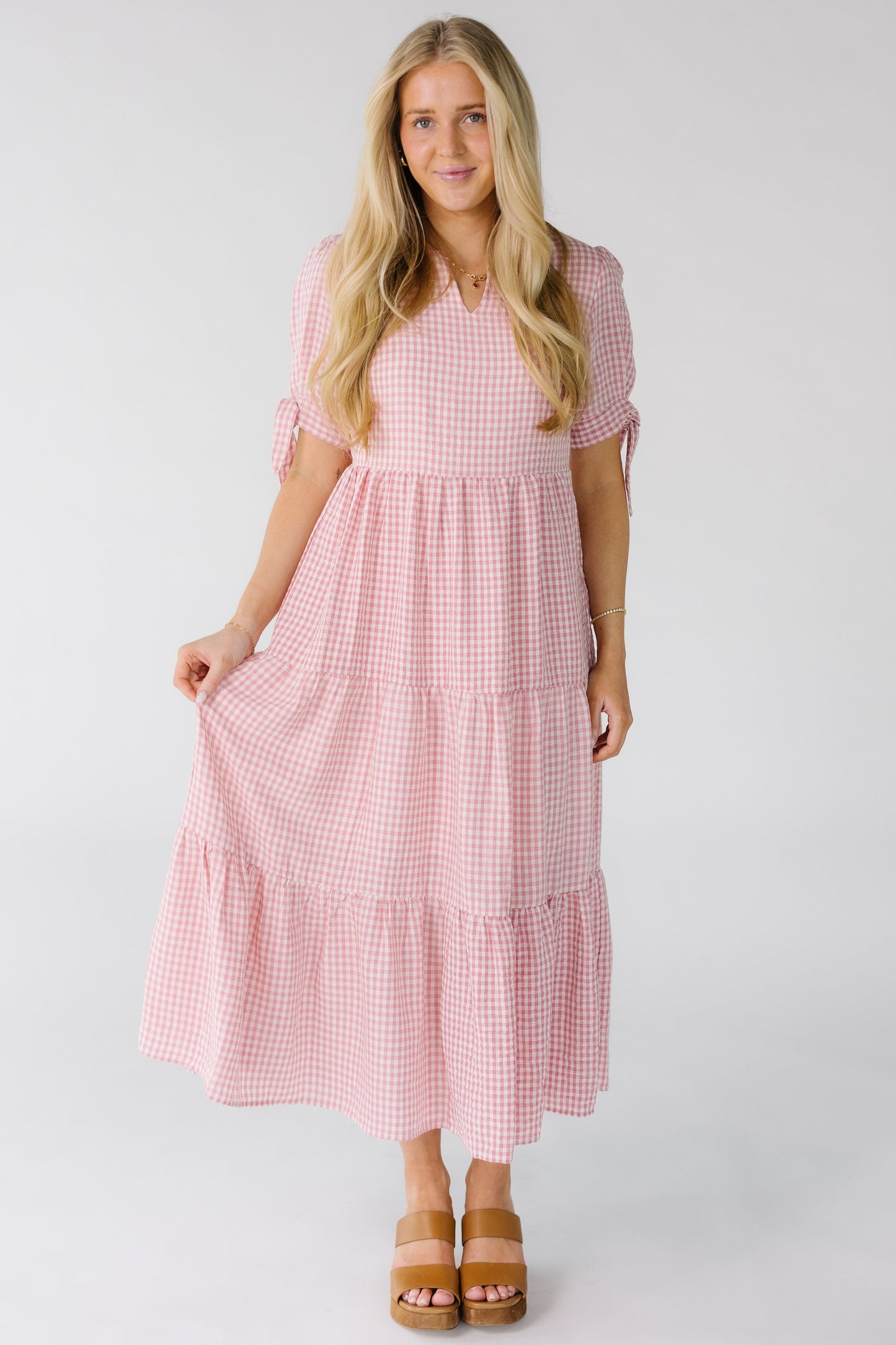 Brass & Roe Claire Tie Sleeve Dress in pink an white gingham for women and teens.