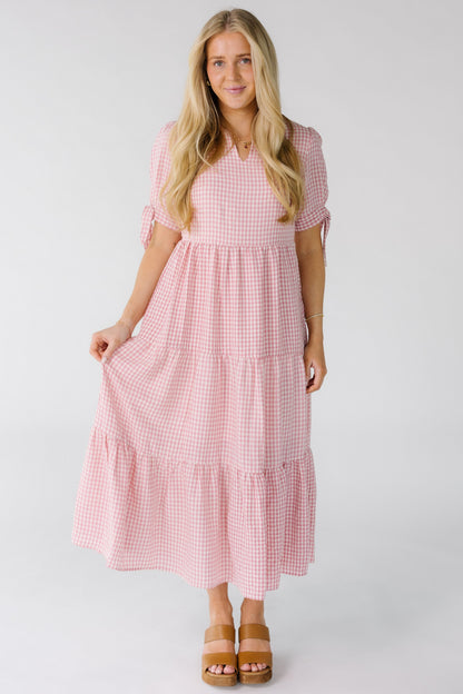 Brass & Roe Claire Tie Sleeve Dress in pink an white gingham for women and teens.